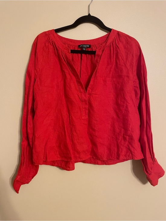 J. Crew Tops - J.Crew cabana top pure linen red blouse long sleeve office work size small